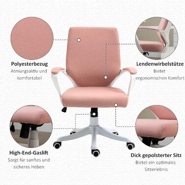 Крісло офісне Vinsetto: ергономічне, з регулюванням висоти, з підлокітниками, рожево-біле