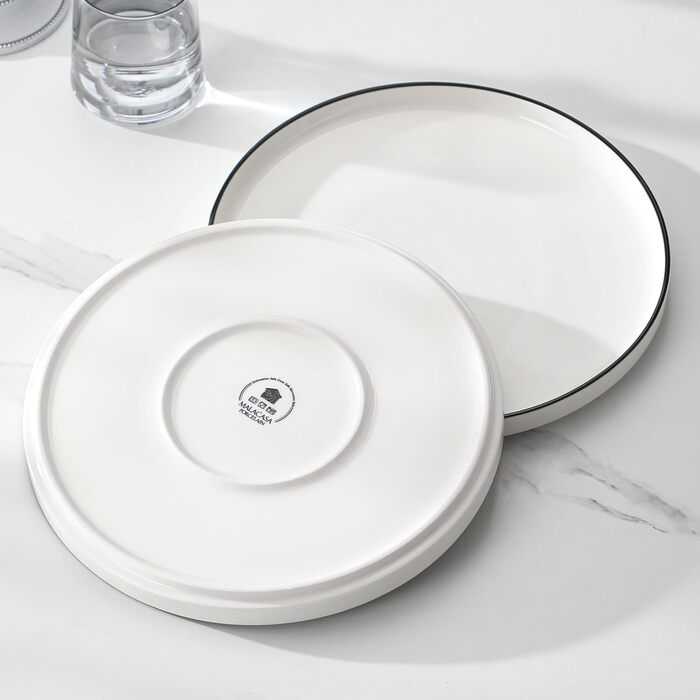 MALACASA, Leah Series, Dinnerware Set for 4 People, 12-Piece Porcelain Tableware Set, Combination Set, White Dinnerware with Black, Dinnerware Set consisting of 4x Dinner Plates, 4x Dessert Plates, 4x Cereal Bowls with Black Rim, 12-Piece