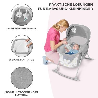 Kinderkraft 3-in-1 Crib LOVI, Travel Crib, Moses Basket, Baby Bassinet, Baby Bouncer, Foldable, Easy Transport, with Accessories, Bag, Mosquito Net, from Birth to 9 kg, Grey Grey Single