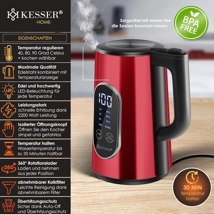 KESSER® Stainless Steel Kettle 1.7 Liter | LED Display | 4-Mode Temperature Setting 40°C-100°C | 30-Minute Keep Warm | Electric Tea Kettle 2200W BPA-Free | Scale Filter & Easy-Open Lid, (Burgundy)