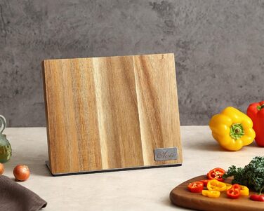 Magnetic knife block made of solid acacia wood, 3.80 cm thick, with a stainless steel base, magnetic knife holder for up to 6 knives, wooden knife storage, kitchen knife block without knives