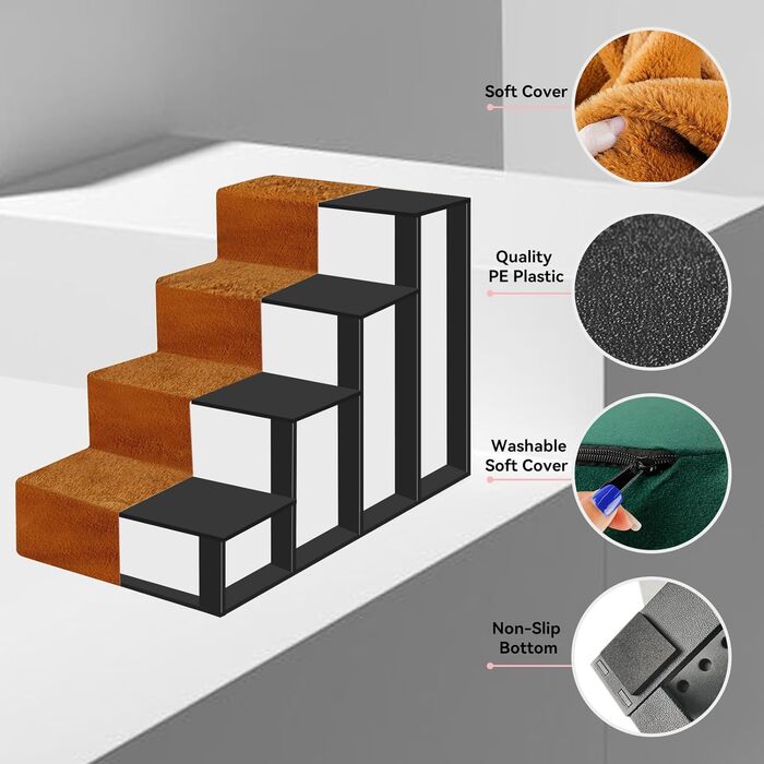 NAMSAN Dog Stairs 3-Step Pet Ladder, Easy Assembly, Cat Stairs with Washable Cover for Sofa, 42 x 40 x 31cm (4 Steps-Brown)