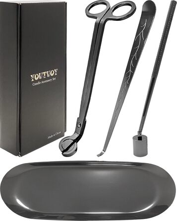 YOUTUOY 4-in-1 Candle Accessory Set with Tray, Wick Trimmer, Wick Snuffer, Storage Tray, ideal for scented candle lovers (Black Silver 4-in-1)