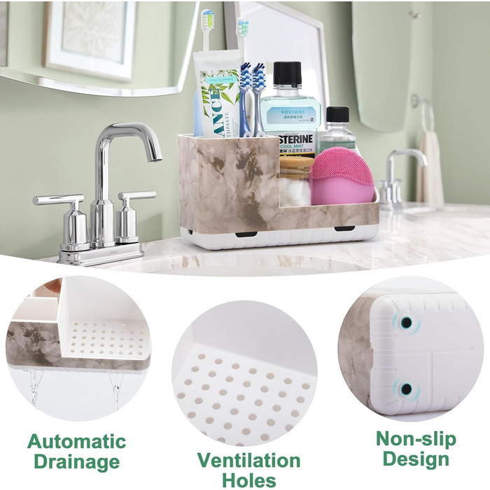 Тримач для зубних щіток у ванну кімнату: органайзер для електричної та звичайної зубної щітки з отвором для стоку води. Знімний органайзер для ванної, кухні та сім'ї (білий мармуровий малюнок)