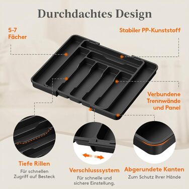 Органайзер для столових приборів Lifewit в шухляду, розсувний, 7-9 відділень, 35-48 см, чорний