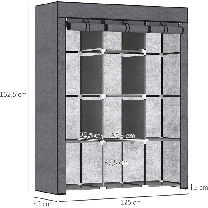 HOMCOM Closet Fabric Wardrobe with Drawers, Clothes Rail and Zipper, Fabric Clothes Storage Unit Folding Wardrobe for Bedroom, Dressing Room, 102 x 42.5 x 162.5 cm, (Dark Grey, 125L x 43W x 162.5H cm)