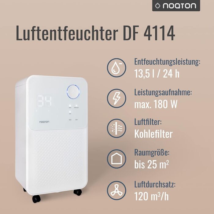 Зволожувач повітря та очищувач повітря Noaton DF 4114, 13.5 л/день, для приміщень до 25 м²/63 м3, 180 Вт, шланг для зливу, сушка білизни, таймер, проти вологи та плісняви, білий DF 4114 / 25 м2