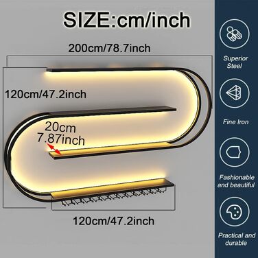 Настінна вітрина для вина, напівкругла багатоярусна з гачками для келихів, металева, для кухні, бару, кафе (200*20*120см), чорна