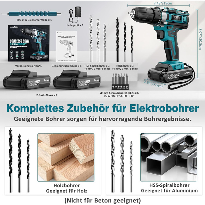 Акумуляторний шуруповерт Sundpey Set з 2 акумуляторами 2.0Ah, 21V, 1500 об/хв, 45Nm, 18+1 режим, LED-підсвічування, для ремонту та DIY
