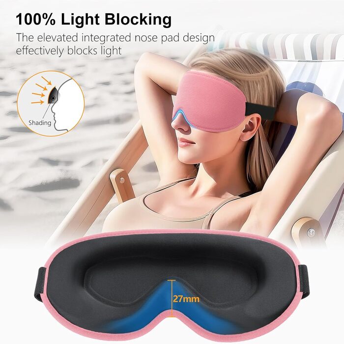 Маска для сну Gritin для тих, хто спить на боці, 3D-конструкція, регульована, світлонепроникна та дихаюча, для чоловіків та жінок, для подорожей та відпочинку - Рожева