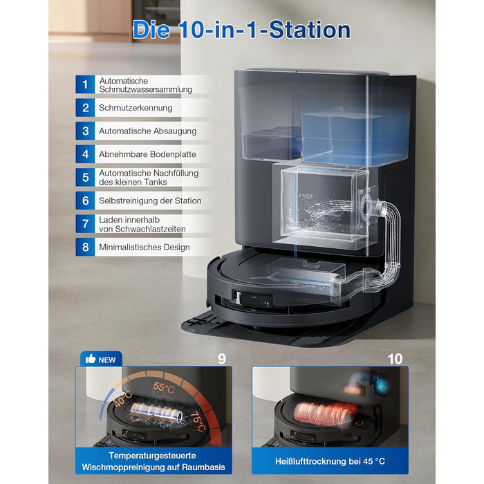 Робот-пилосос ECOVACS DEEBOT T80 Omni з функцією миття підлоги, 18000 Па, OZMO Roller, автоматичне миття моп, ZeroTangle 3.0, миття гарячою водою 40-75°C, чорний