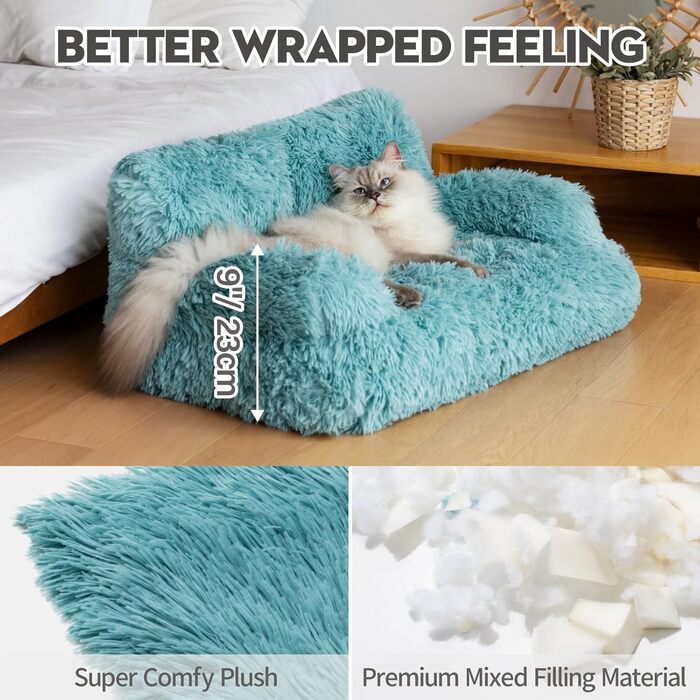 MEWOOFUN Stylish Cat Bed Cat Sofa Fluffy - 76x45cm Large Cat Bed Plush Cat Couch for Small Dogs and Cats Removable and Washable (blue)