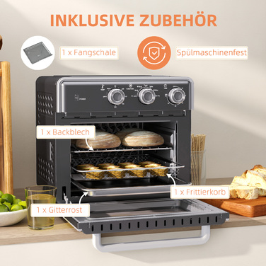 HOMCOM 20L Convection Mini Oven with Baking Tray, Grill Rack, and Crumb Tray, 90°C-230°C Air Fryer with 5 Modes, Frying Basket, 60 Min. Timer, 1400W, Metal | Aosom