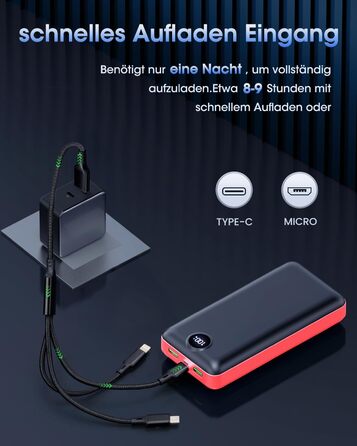 Power Bank 50000mAh з кабелем 3-в-1, 22.5W швидка зарядка, USB-C, 3 виходи, 2 входи, LED дисплей, сумісний з iPad, iPhone, Android, чорний (X-Large, червоний)