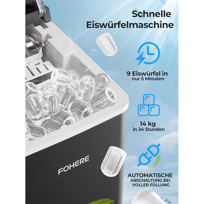 Машина для приготування льоду FOHERE з ручкою, 14 кг/24 год, 9 кубиків льоду за 5 хвилин, 2 розміри, самоочищення, портативна з лопаткою та кошиком – ідеальна для дому, кухні, офісу, кемпінгу, вечірки, RV