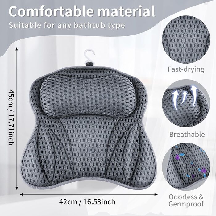 Подушка для ванни з підтримкою шиї та плечей, сітчаста 4D, 6 присосок, сіра