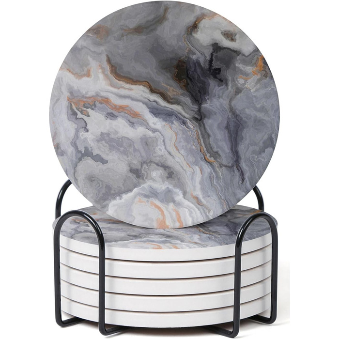 6-Piece Abstract Dark Blue Marble Coasters with Holder, Absorbent Ceramic Coasters for Drinks, Coasters with Cork Back for Table Protection, Housewarming Gifts
