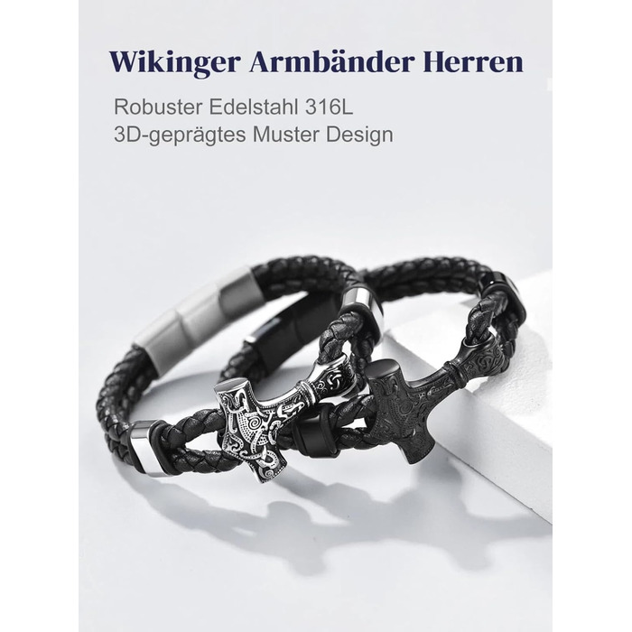 Чоловічий шкіряний браслет Bandmax Mjölnir/Totenkopf/Freimaurerei з гравіюванням, магнітна застібка, 23 см