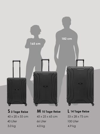 Набір валіз REDOLZ Hartschalen 3-ті: міцний поліпропілен, TSA-замок, 4 колеса, система 3-точкового закриття. Розмір M (65 см), Deep Black.