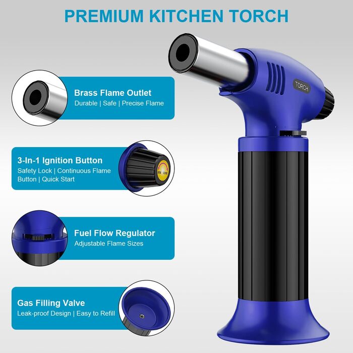 Нагрівач для крем-брюле, заправний, міні-розмір з регулюванням полум'я, для десертів, BBQ (бутан не входить) (синьо-чорний)
