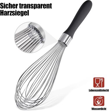 Міксер ручний кухонний Doosu 30см, з нержавіючої сталі 18/8, 12 гнучких дротів, чорний