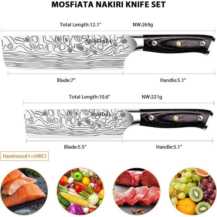 Набір японських ножів MOSFiATA: Накірі 7 та 5,5 дюймів (EN.4116), ніж для приготування їжі, кухонний ніж, ніж для овочів з піхвою, подарункова упаковка та серветка