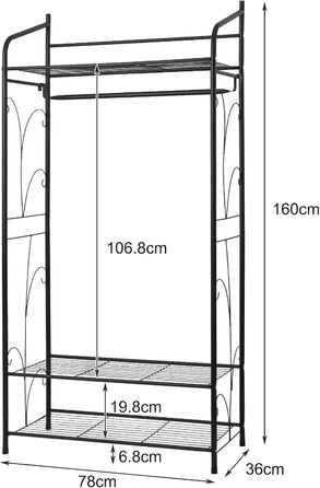 Metal Clothes Rack, Multifunctional Closet with 1 Clothes Rod and 3 Shelves, Coat Rack for Bedroom Dressing Room, 79×36×161cm