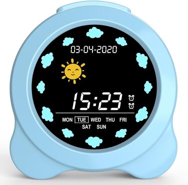SENXINGYAN Kids Alarm Clock, Alarm Clock for Children with Sun & Moon LED Display, Day & Date Display, Sleep Trainer for Kids with Night Light & Sleep Sounds, Cute Alarm Clock for Kids Room