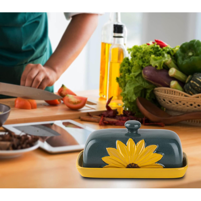 Farmhouse Ceramic Butter Dish with Lid, Large Sunflower Butter Dish
