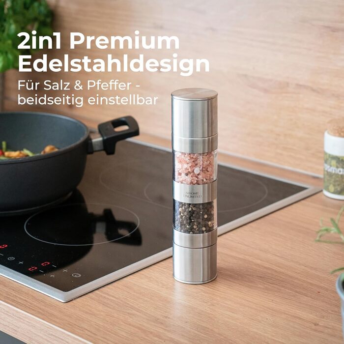 Мельниця для солі та перцю 2-в-1 з нержавіючої сталі | Ручна мельниця для спецій з керамічним жорном та регульованим ступенем помелу