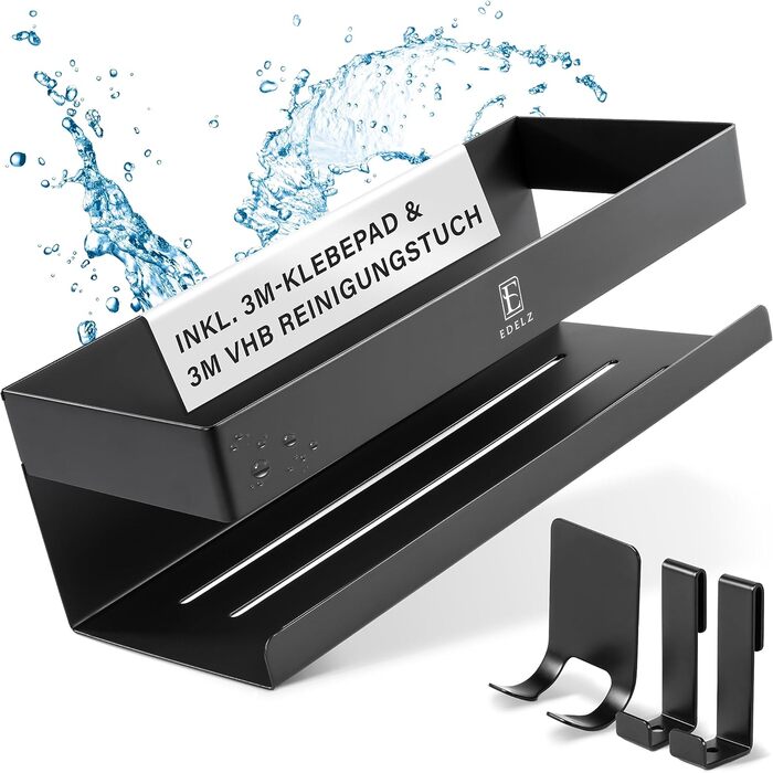 EDELZ® Bad Shower Shelf Shower Basket – No Drilling Required – Shampoo Holder for Shower to Stick on Made of Stainless Steel with Original 3M Adhesive Pads, 2 Movable Hooks, Extra Razor Holder (Stainless Steel Black)