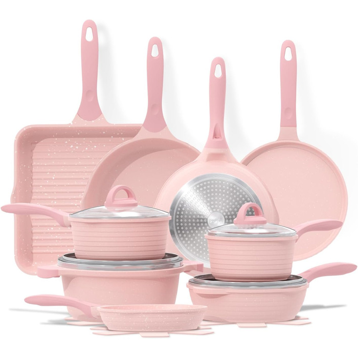 JEETEE 23-Piece Pink Cookware Set - Nonstick Granite Pots and Pans Set for Induction, Gas, Electric & Ceramic Stoves - Perfect Gift Set