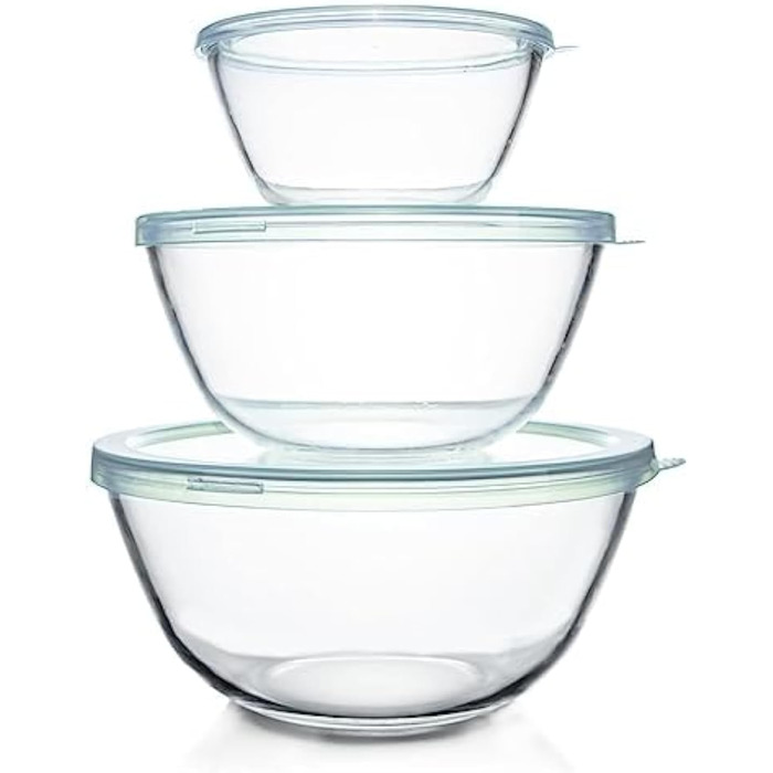 Luvan Glas Mixing Bowls with Lids 3-Piece Set (4.2 L, 2.5 L, 1 L), Large Round Salad Bowls for the Kitchen, ideal for Storing Food, Cooking, Baking, Preparing, Dishwasher Safe