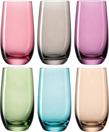 Leonardo Sora Drinking Glasses, Set of 6, Colorful Glass Set, Dishwasher-Safe Juice Glasses, Water Glasses, Drinking Cups in 6 Colors, 390 ml, Assorted Colors, 047287