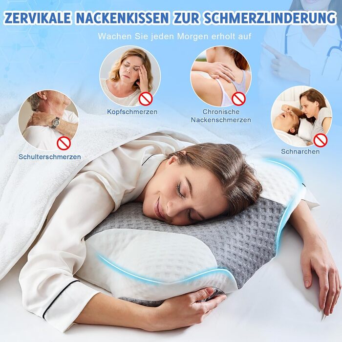 Ортопедична подушка для шиї VJASD з піною з пам'яті - ергономічна подушка для голови проти болю в шиї, регульована по висоті для тих, хто спить на боці з дихаючим чохлом для спокійного сну, білий