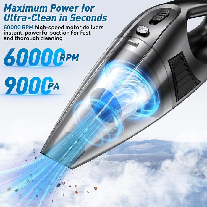 Ручний пилосос бездротовий 120W чорний: для дому, авто, дивана, килима. З USB зарядкою, 2 фільтри, 3 насадки