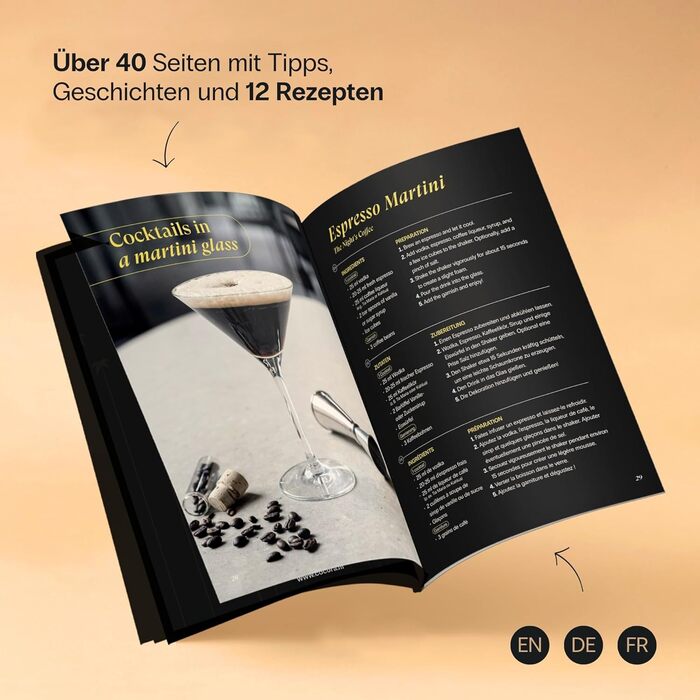 Коктейльний набір Cocora Martini-Set 8 предметів з нержавіючої сталі: шейкер, келихи для Мартіні, книга рецептів, подарункова упаковка (Чорний)