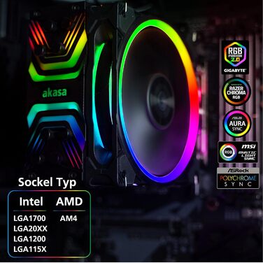 Akasa SOHO H4 Plus: Кулер для CPU з RGB підсвічуванням, 120mm, тихий вентилятор, теплові трубки з міді, 185W, чорний, підтримка Intel LGA 1851/20XX/1700/1200/115X; AMD AM4/AM5 Ryzen