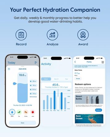 Смар-пляшка для води WATERH Boost з нагадуванням та трекером, 946 мл, чорна. Нержавіюча сталь, вакуумна ізоляція, широка горловина. Ідеальний подарунок!
