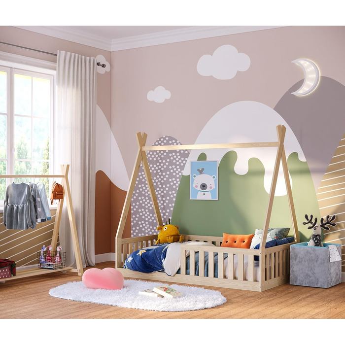 Bellabino Tajo Children's Bed Base 80x160 cm, House Bed made of Solid Pine Wood with Fall Protection/Rail and Slatted Frame in Natural for Children from 3 Years