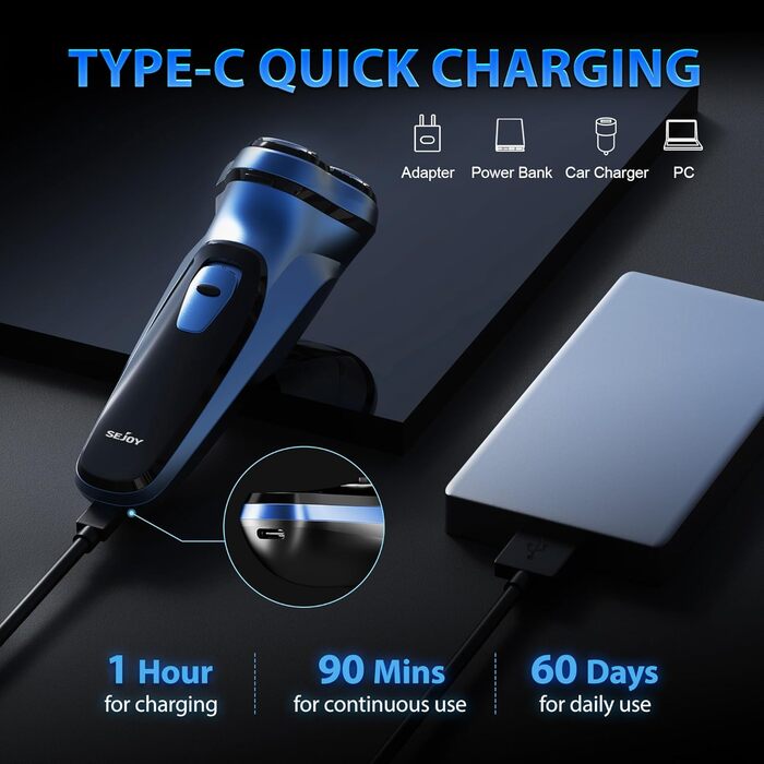 Електрична бритва Sejoy для чоловіків, суха, з підзарядкою, з висувним тримером, швидка зарядка за 1 годину, 3D-головка, LCD-дисплей (Азурний колір)