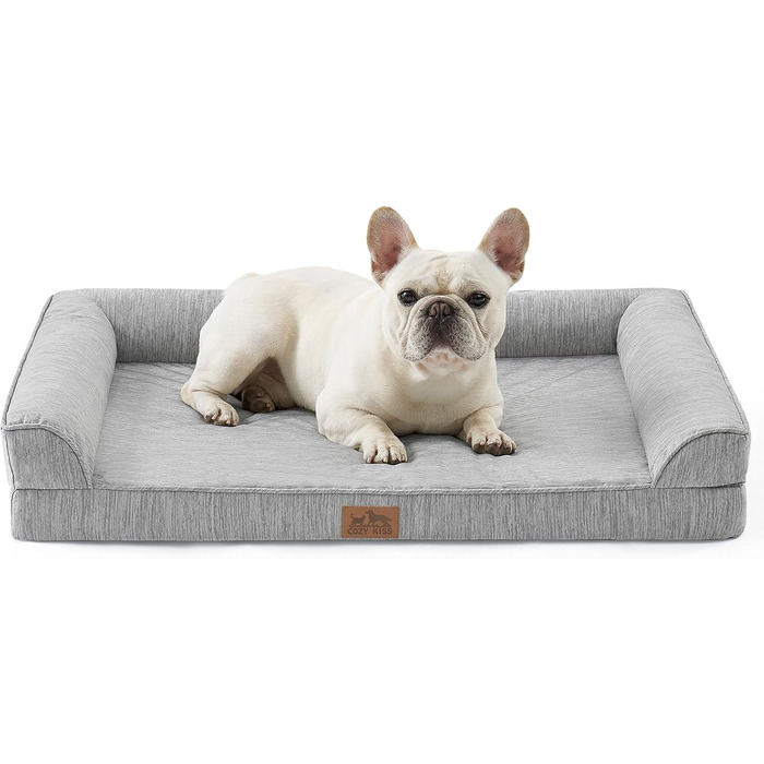 Ортопедичне ліжко для собак середнього розміру COZY KISS з знімним, пральним чохлом. Підтримує хребет, водонепроникні бортики та протиковзна основа. Розмір: 91x69x16 см, колір: сріблясто-сірий