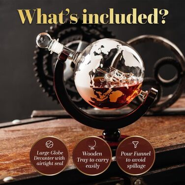 Kemstood Whisky Decanter Globe Set (850 ml) - Elegant Whiskey Decanter with Glasses, Wooden Stand, and Engraved World Map - Whiskey Gift Set/Gifts for Men Who Have Everything, Whiskey Decanter