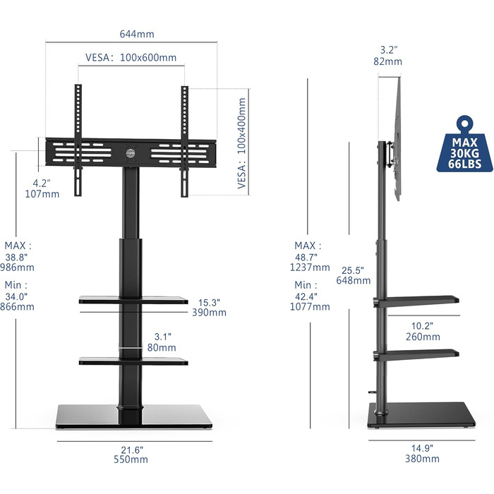 FITUEYES Adjustable Swivel TV Stand - Floor Mount for 32-60 inch Flat & Curved TVs (up to 30kg, VESA 600x400) - Black