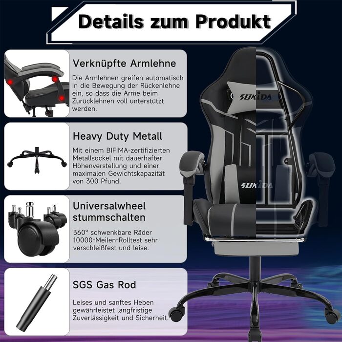 Ігрове крісло SUKIDA Ergonomic Gaming Chair з підставкою для ніг та підтримкою попереку, чорно-сіре