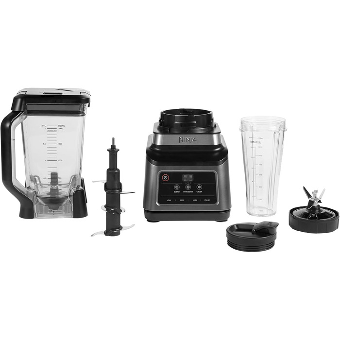 Ninja 2-in-1 Mixer with 3 programs; Mix, Max Mix, and Chop & 4 manual settings, 2.1L pitcher & 700ml cup, 1200W, dishwasher safe, Auto-iQ, Black BN750EU 2-in-1 Mixer