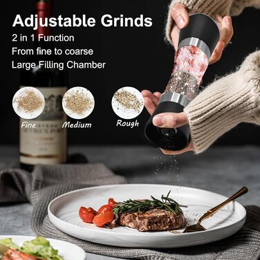 Мельниця для солі та перцю 2-в-1 Cyiecw, ручна, з регулюванням, нержавіюча сталь, для перцю та солі (чорна)