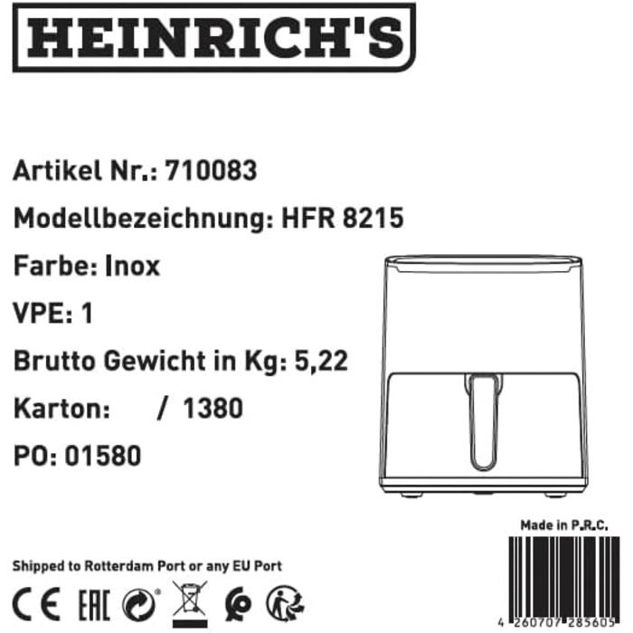 Фритюрниця повітряна HEINRICHS 9 літрів XXL, 10-в-1, LED-дисплей, 1800W, для здорового харчування