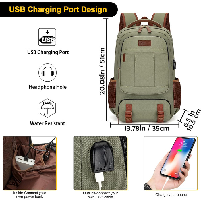 Tzowla Canvas Laptop Rucksack, Sailing Fabric Travel Backpack, Work Travel Bag for Men and Women, Backpack for 15.6-inch Laptop, Book Bag with USB Charging Port (17.3 inch, Green)