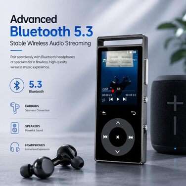 MP3-плеєр з Bluetooth 5.3 та HiFi-звуком, 90 ГБ, сенсорні кнопки, кольоровий дисплей, металевий корпус, FM-радіо, підтримка e-books, розширювальна пам'ять до 128 ГБ, чорний